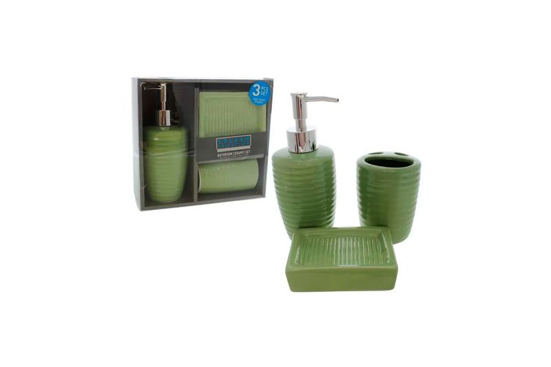 Juego accesorios para baño 3 piezas verde cerámica Barbara Homes, dispensador, portaobjetos y jabonera fuera de su caja
