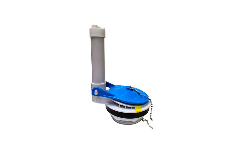 Válvula de descarga/salida Elderly Cadet 3 pulgadas 2 piezas Incesa Standard, vista lateral con pera azul y cadena