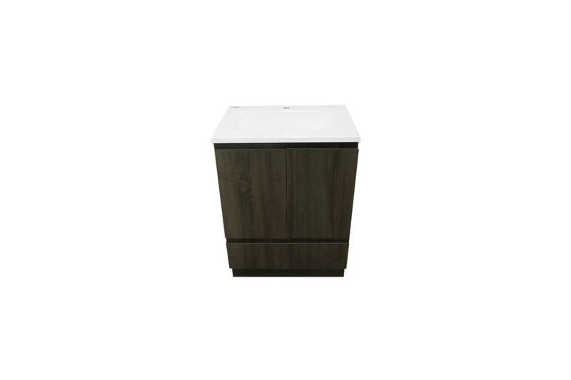 Mueble Britania Oak 25 x 32.75 x 18.12 Everhill con lavamanos, vista frontal del mueble con lavabo blanco integrado