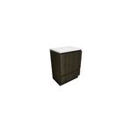 Mueble Britania Oak 25 x 32.75 x 18.12 Everhill, vista diagonal con lavamanos blanco y mueble de madera oscura
