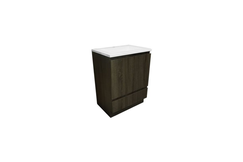 Mueble Britania Oak 25 x 32.75 x 18.12 Everhill, vista diagonal con lavamanos blanco y mueble de madera oscura