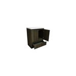 Mueble Britania Oak 25x32.75x18.12 Everhill, vista diagonal con puerta abierta y cajón extendido