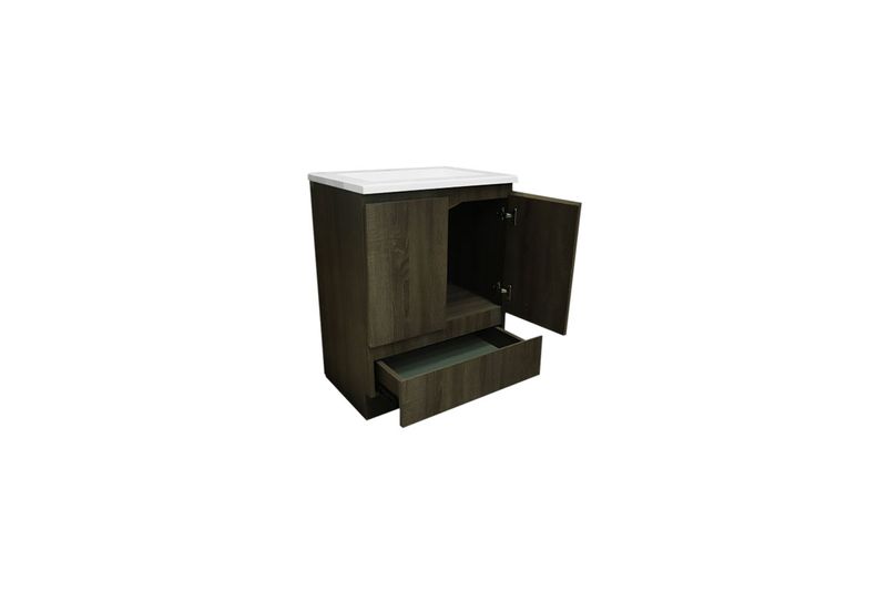Mueble Britania Oak 25x32.75x18.12 Everhill, vista diagonal con puerta abierta y cajón extendido