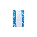Cortina de baño azul Joy Sttelli, empaque frontal con etiqueta blanca y detalles técnicos sobre el producto