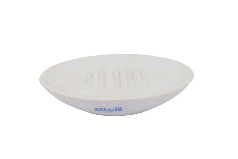 Jabonera de plato blanca Belize Sttelli, vista superior donde se aprecia el relieve interno y el logotipo en la base