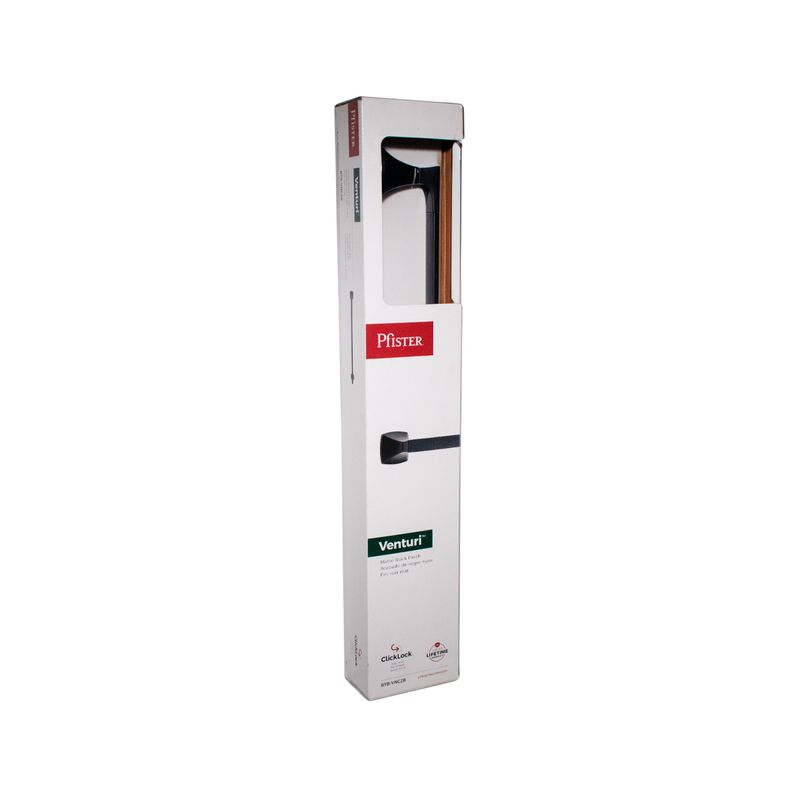 Toallero de barra 24 pulgadas negro mate Venturi Pfister, producto dentro de su empaque blanco con ventana frontal