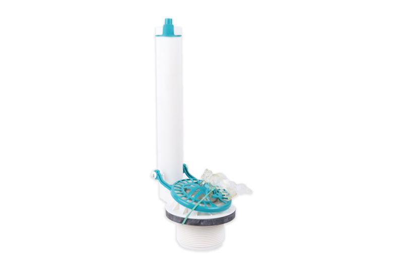 Válvula de descarga salida 13 l Olympus Incesa Standard, vista frontal del mecanismo blanco con piezas en color turquesa