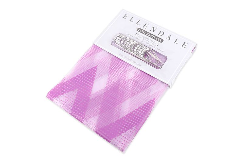 Cortina de baño con aros 13 piezas purple PEVA CHD Home, empaque original con ganchos plateados y tela doblada