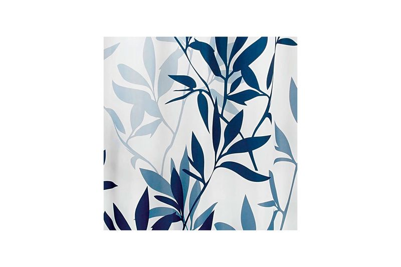 Cortina de baño blanco estampado de hojas 72 x 72 pulgadas Interdesign, primer plano del diseño de hojas en tonos azules