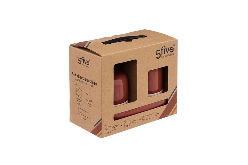 Accesorios para baño 3 piezas café 5five Simply Smart, en su caja de cartón marrón con ventanas transparentes