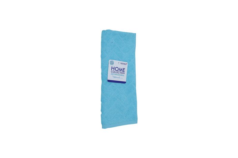 Toalla de mano pool azul 219 antimicrobial Hilasal, doblada con etiqueta blanca y azul en el centro