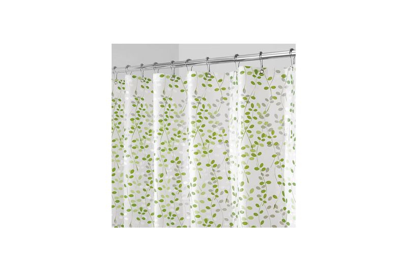 Cortina de baño botanical EVA/PEVA 72x72 pulgadas Interdesign, instalada en barra metálica con ganchos y estampado floral