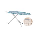 Planchador de piso 48 x 130 cm Koopman, con funda azul floral y círculo detalle del empaque plástico