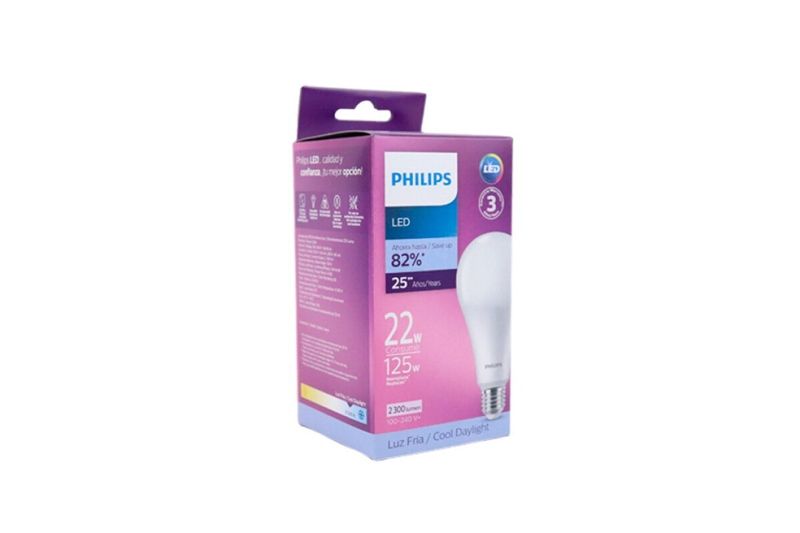 Bombilla LED 21-23 W E27 6500 K A30 110-240 V Philips, en su empaque de cartón púrpura con ilustración del bombillo