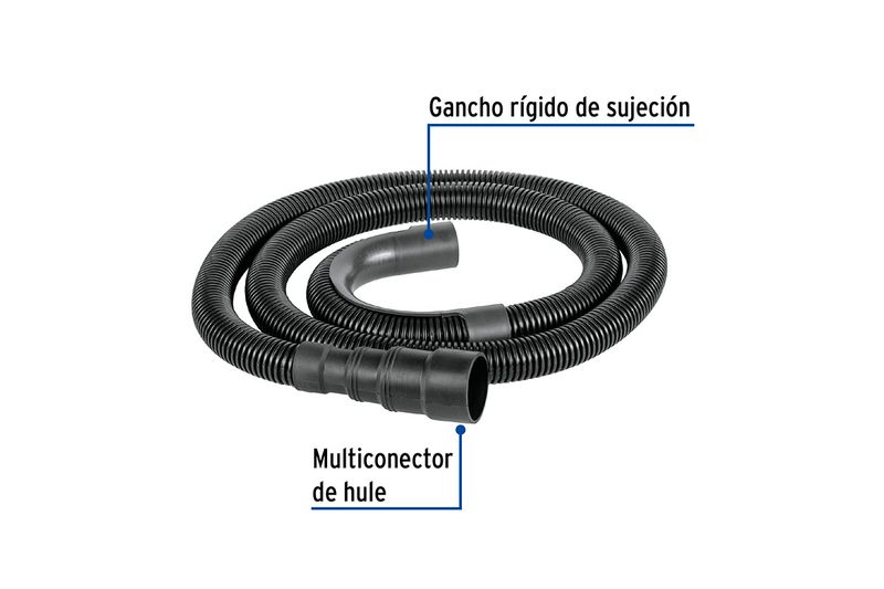 Manguera para lavadora 1.5 metros Foset, gráfico con etiquetas que indican el gancho de sujeción y el multiconector de hule
