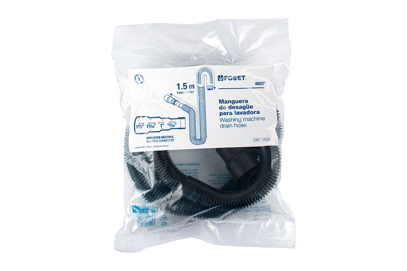 Manguera para lavadora 1.5 m Foset, empaque plástico con etiqueta blanca y manguera negra corrugada