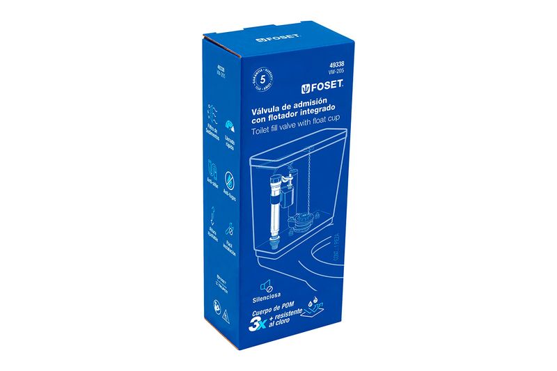 Válvula de llenado entrada tanque bajo Foset, empaque en caja azul con ilustración técnica del producto instalado