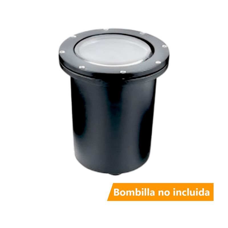 Luminaria sola empotrable para piso SINSA, cuerpo cilíndrico negro con vidrio superior y tornillos de fijación