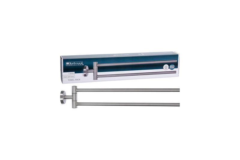 Toallero de pared metálico cromado doble Bathroom Solutions, producto fuera y dentro de su empaque rectangular azul