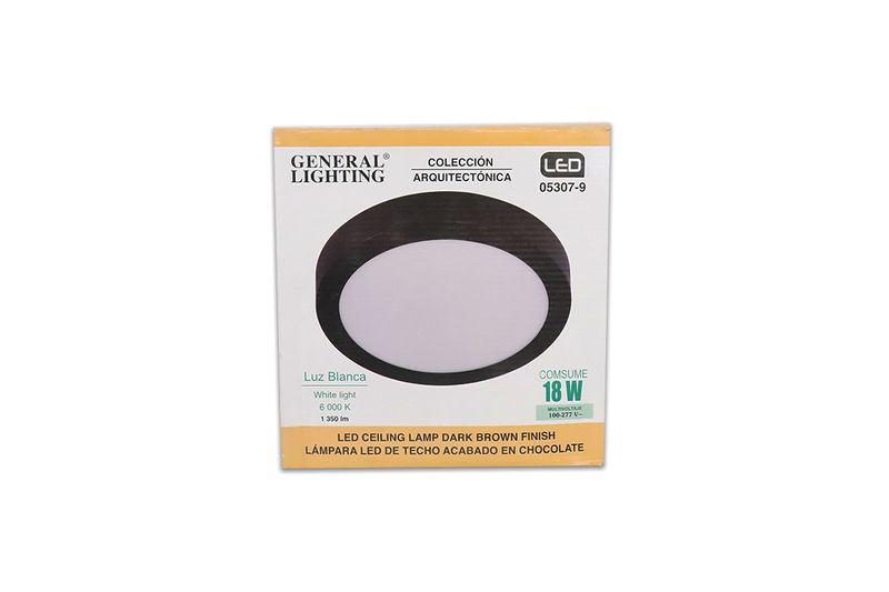 Lámpara plafón LED redonda chocolate 18 W 6000 K General Lighting, empaque frontal con ilustración del producto y