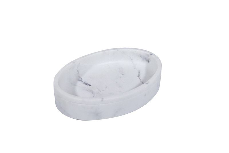 Jabonera blanco/gris diseño mármol Sinsa, vista superior diagonal del accesorio ovalado con vetas grises