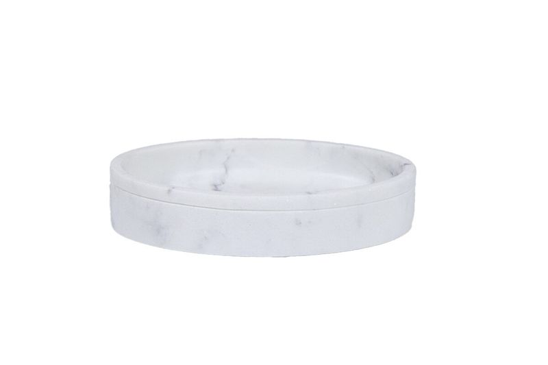 Jabonera blanco/gris diseño mármol SINSA, vista frontal del recipiente circular con acabado veteado