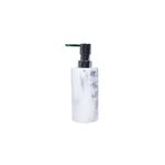 Dispensador de jabón 9 oz blanco/gris diseño mármol Sinsa, vista frontal con bomba dispensadora de color cromo