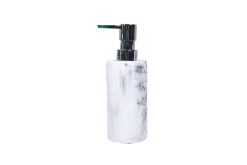 Dispensador de jabón 9 oz blanco/gris diseño mármol Sinsa, vista frontal con bomba dispensadora de color cromo