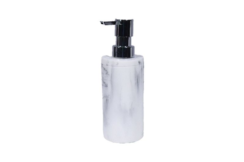 Dispensador de jabón 9 onzas blanco/gris diseño mármol SINSA, vista frontal con bomba dosificadora cromada