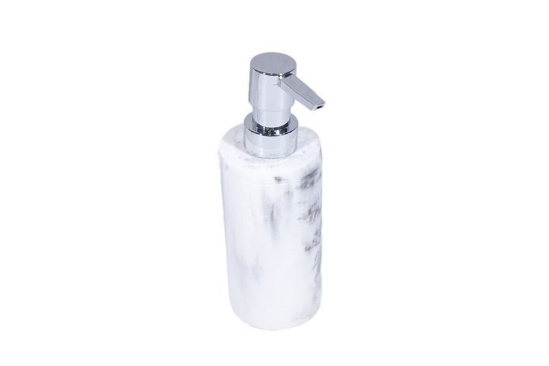 Dispensador de jabón 9 oz blanco/gris diseño mármol Sinsa, vista frontal con bomba dispensadora en color cromo