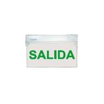 Rótulo salida LED Ilukon rojo de 120/277 V y 90 m con batería, frente blanco con letras verdes que dicen SALIDA