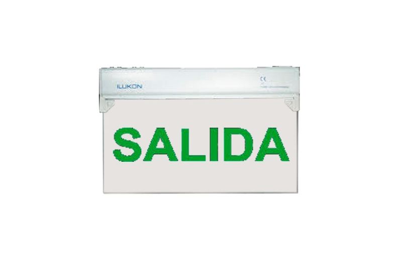 Rótulo salida LED Ilukon rojo de 120/277 V y 90 m con batería, frente blanco con letras verdes que dicen SALIDA