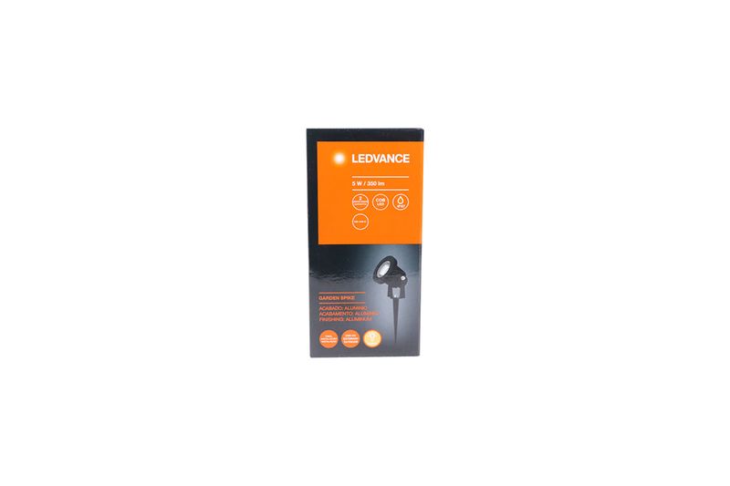 Luminaria de estaca exterior negro 5 W 350 Lm 3000 K 24° IP67 Ledvance, empaque frontal con especificaciones técnicas