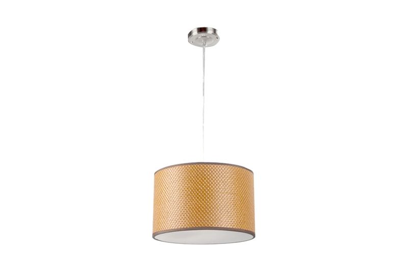 Lámpara colgante níquel satinado 2L E27 60W D32 cm circular Ikelite, vista frontal con pantalla de tela color mostaza