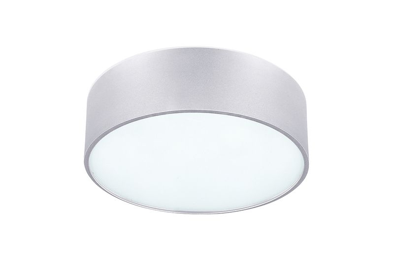Lámpara de techo plafón Dexter aluminio 2L 60W Canarm, vista frontal en ángulo con acabado satinado y difusor blanco