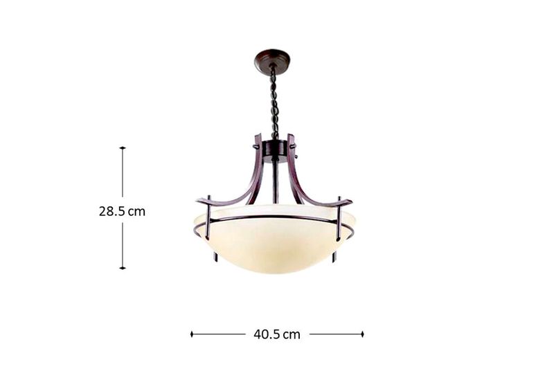 Lámpara de techo chocolate 3L E27 60W Ikelite, imagen con dimensiones de 28.5 cm de alto y 40.5 cm de ancho