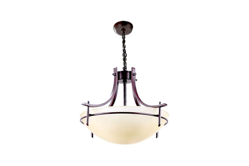 Lámpara de techo chocolate 3L E27 60W Ikelite, vista frontal de la luminaria con pantalla blanca y estructura oscura