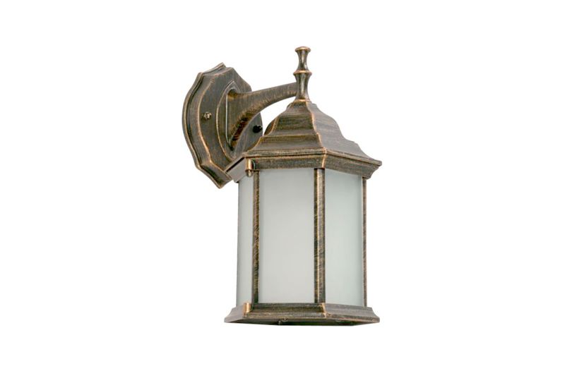 Lámpara exterior de pared negro farol 1 luz E27 100 W Ikelite, vista frontal del farol con vidrio esmerilado blanco