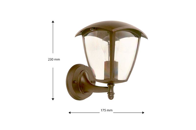 Lámpara exterior de pared chocolate Ravena de 1 luz E27 40W Ikelite, vista frontal con dimensiones de 230 mm y 175 mm