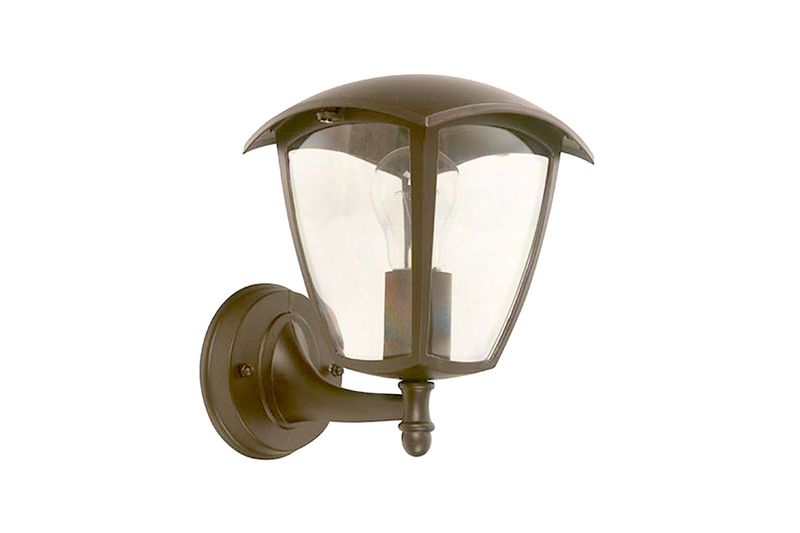 Lámpara exterior de pared chocolate Ravena de 1 luz E27 40W Ikelite, vista frontal con vidrio transparente y bombillo
