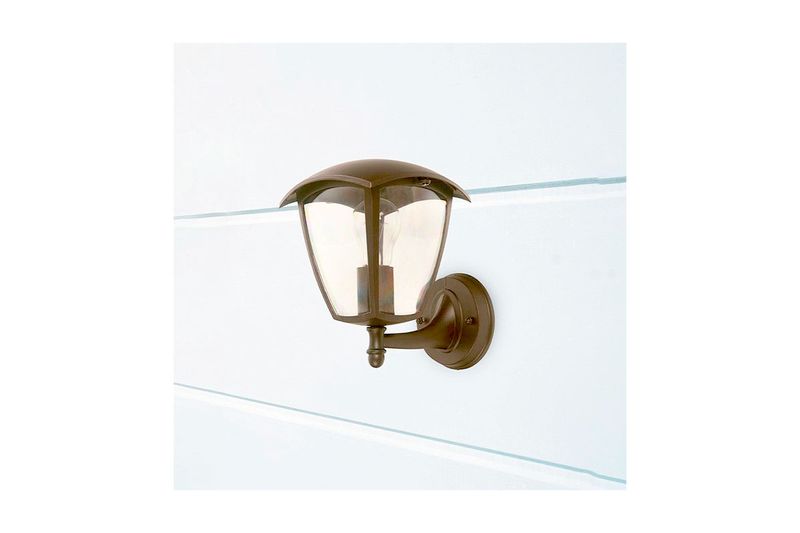 Lámpara exterior de pared chocolate Ravena 1 luz E27 40W Ikelite, vista lateral instalada sobre pared blanca