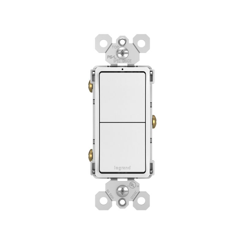 Interruptor Radiant Bticino de 15 amp y 125 VAC blanco Pyest Artepal, vista frontal del dispositivo de doble tecla