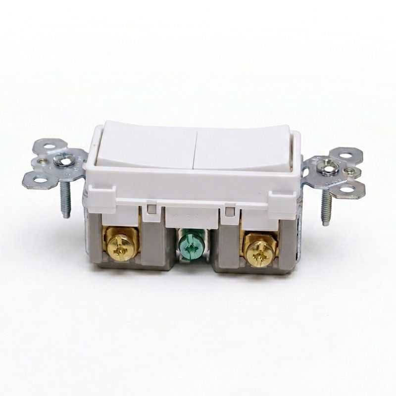 Interruptor Radiant Bticino de 15 Amp y 125 VAC blanco Artepal, vista frontal del mecanismo con terminales de conexión
