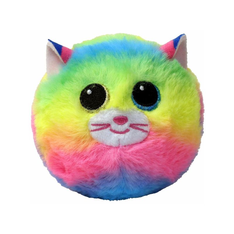 Peluche gatita multicolor Ty, vista frontal del gato redondo con colores arcoíris y ojos negros brillantes