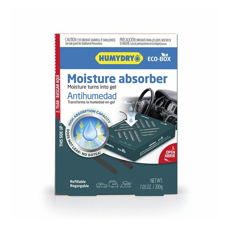 Absorbente de humedad 7.05 onzas Humydry, empaque frontal blanco y azul con ilustración del producto y un automóvil