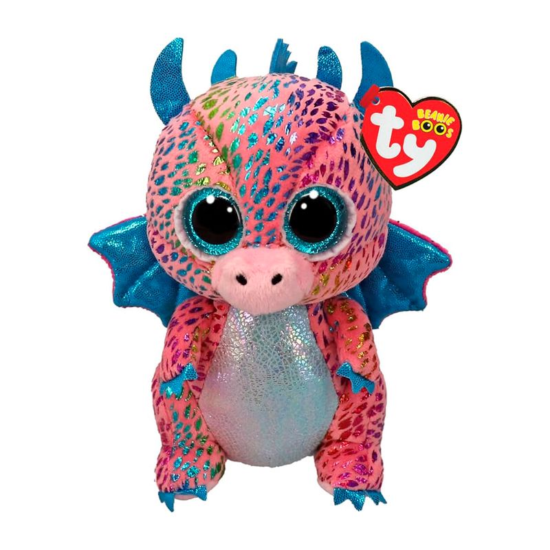 Peluche dragón multicolor Ty, vista frontal del muñeco rosa y azul con ojos grandes y etiqueta roja