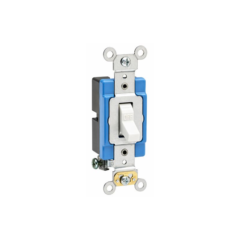 Interruptor sencillo palanca 4 vías 15 120/277V marfil Leviton grado industrial, vista frontal del mecanismo y soporte
