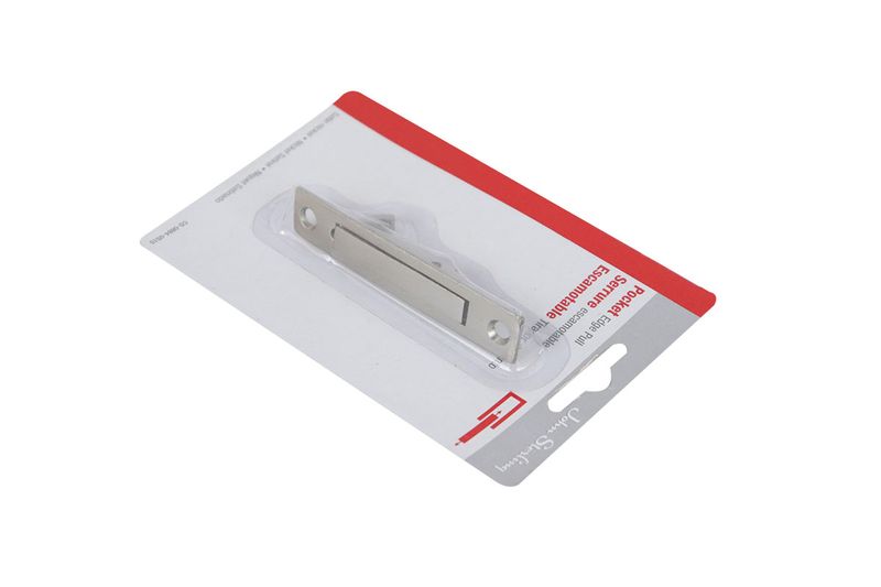 Jaladera de embutir puerta pocket satín John Sterling, empaque blister con tarjeta blanca y roja