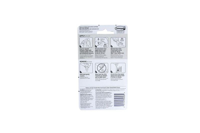 Gancho multiuso 3M de 1/2 lb y 6 piezas, parte trasera del empaque con instrucciones de aplicación y retiro