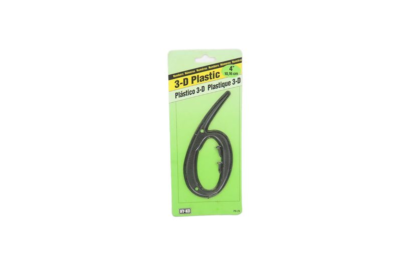 Número 6 de 4 pulgadas plástico Hy-Ko, empaque con cartón verde y amarillo que indica 3-D Plastic